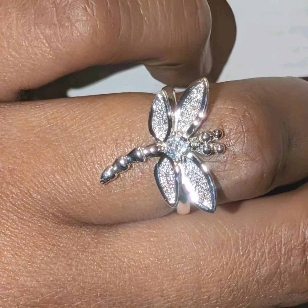Vintage Women's Quality 925 Sterling Silver CZ Diamond  Dragonfly Ring  Size 5
